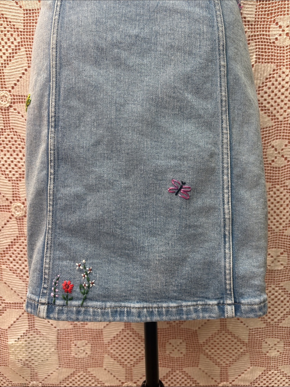 Embroidered Denim Halter Mini Dress Backless Button Front - Picture 6 of 8